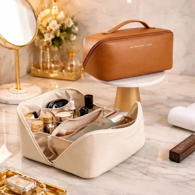 Classy Leather Cosmetic Bag, Portable Makeup Pouch for Travel