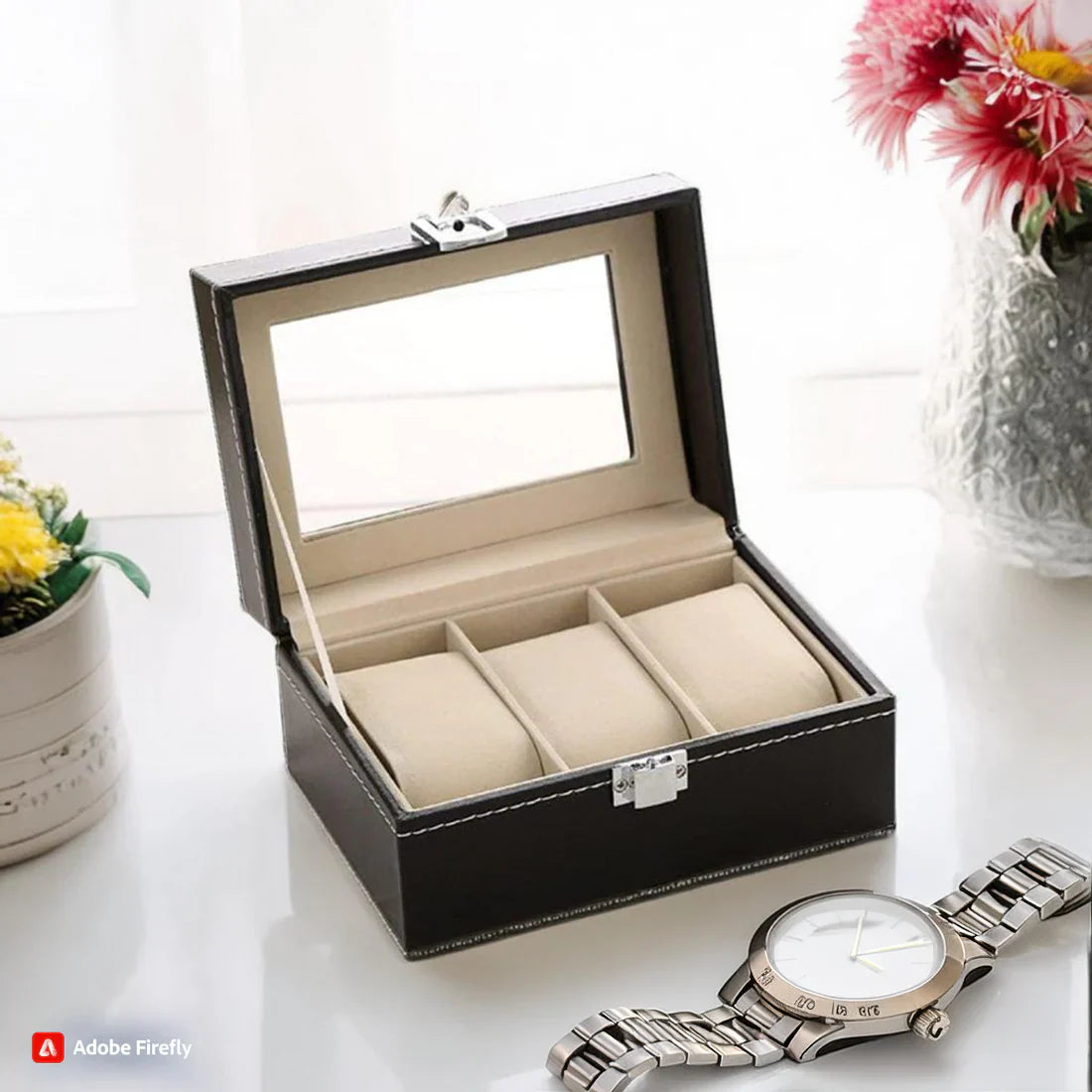 3 Grid Watch Organizer – Compact Faux Leather Box - Image 3