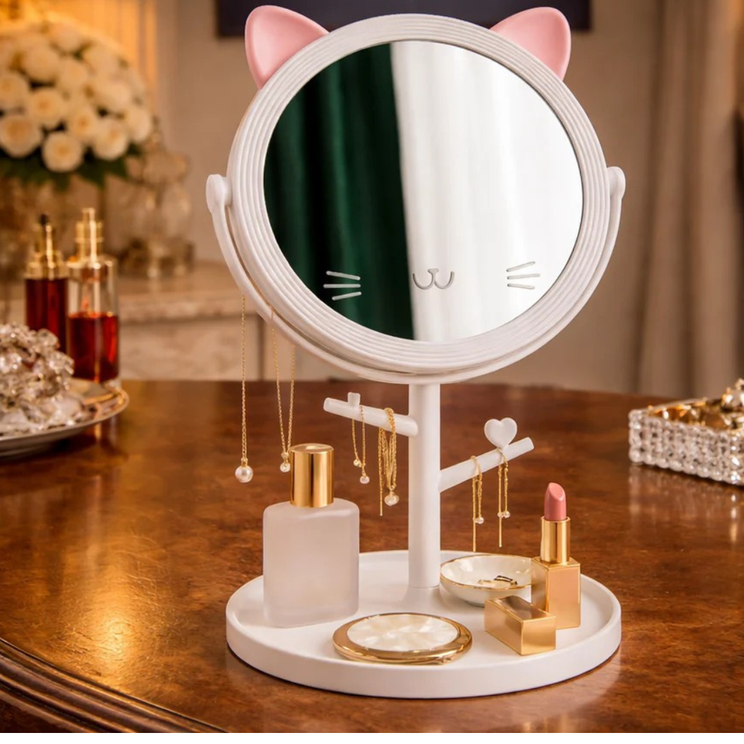 Adorable Cat-Shaped 360° Rotating Tabletop Makeup Mirror & Jewelry Stand