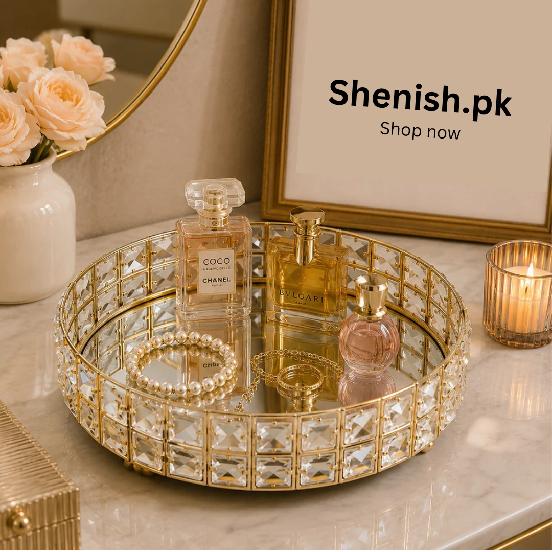 Luxury Crystal Ice Gold Mirrored Vanity Tray (12x12 Inches)