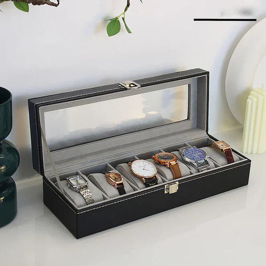 6 Grid Watch Organizer – Rectangular Faux Leather Box - Image 2