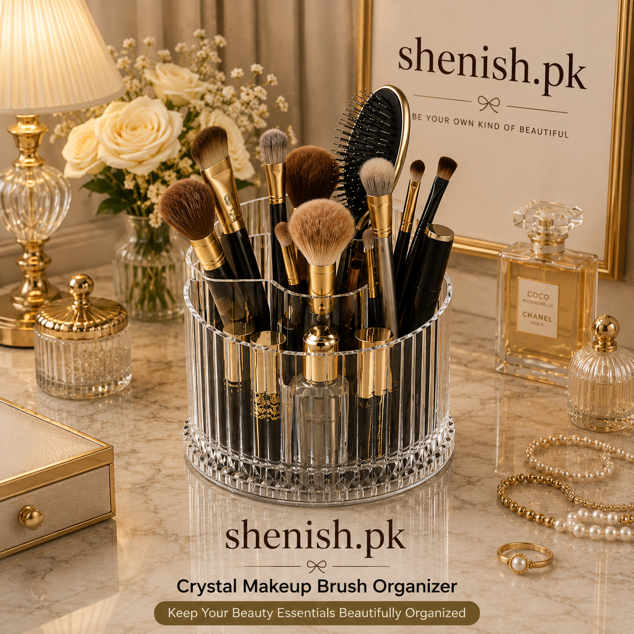 360° Rotating Ribbed Transparent Makeup Brush & Cosmetic Organizer