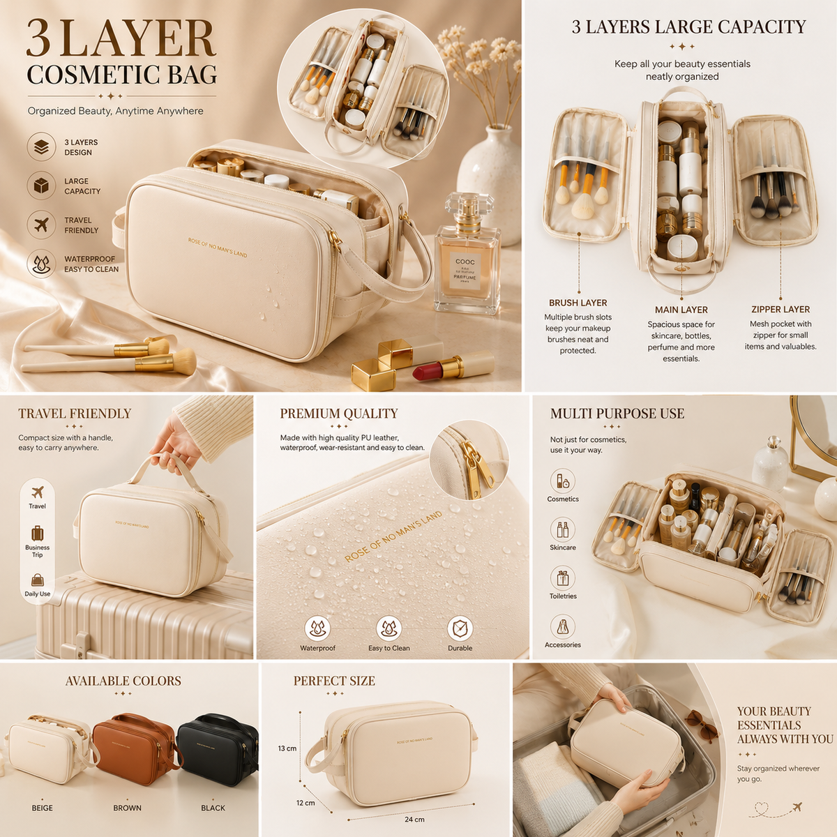 3 Layer Cosmetic Bag – Large Capacity Travel Makeup Organizer with Double Zipper - Image 2