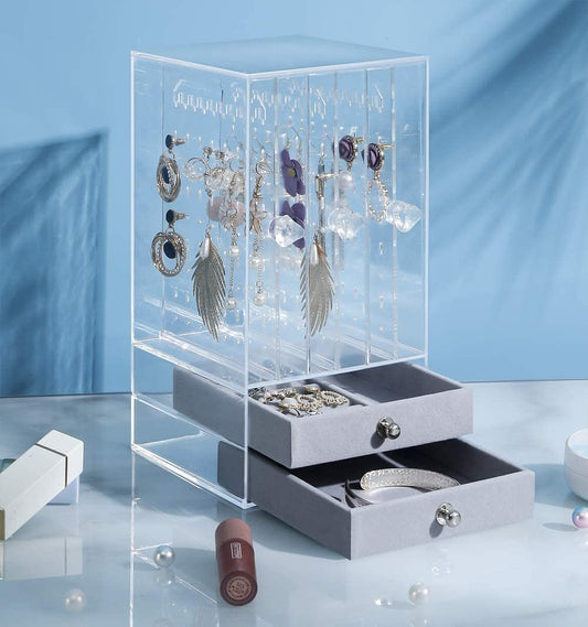 Velvet Acrylic Earring Holder & Jewelry Organizer – 3 Slide-Out Panels & 2 Drawers – Image 2