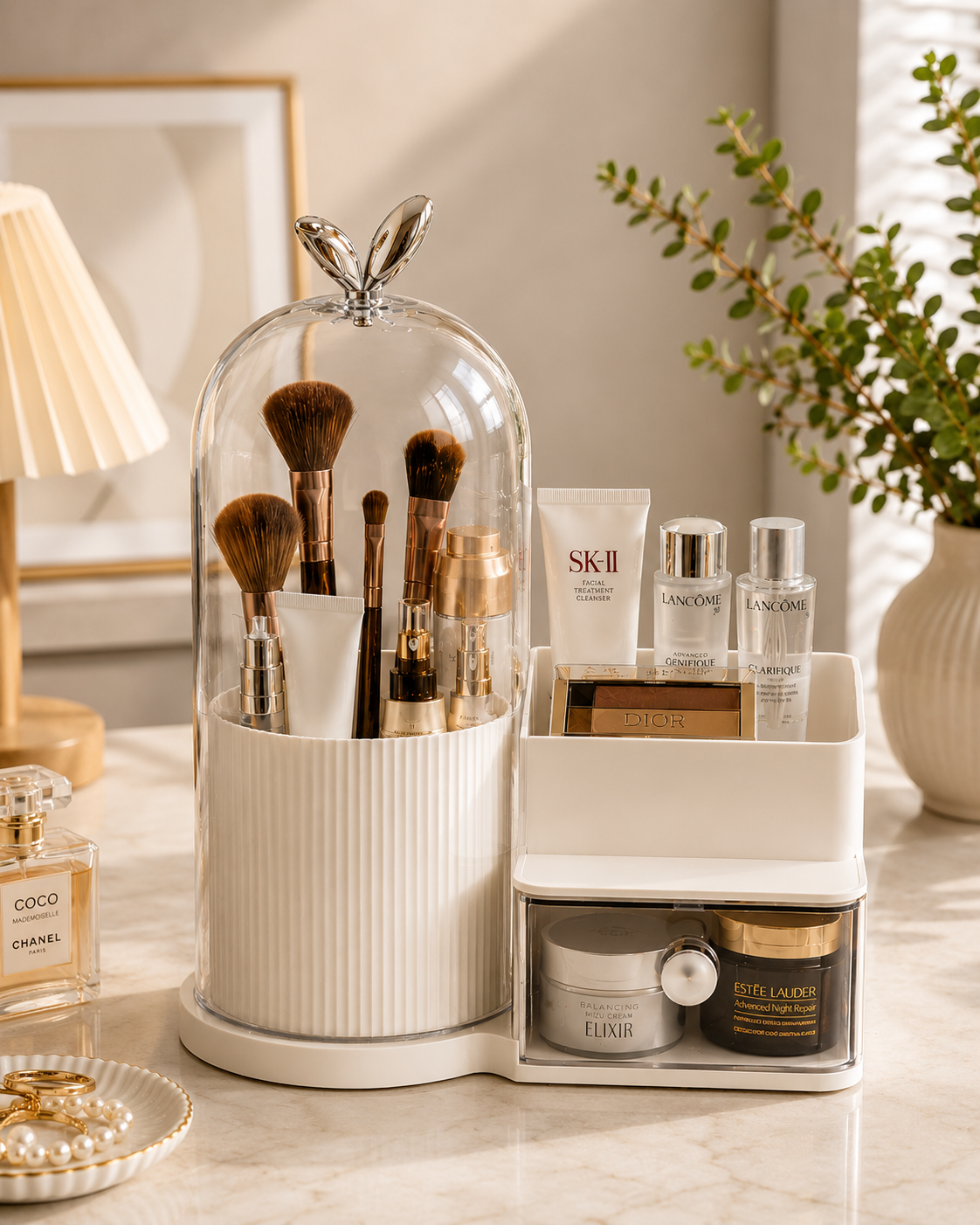 2-in-1 Rotating Dome Brush Station & Cosmetic Organizer