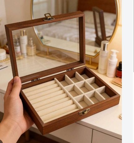 Premium Wooden Jewelry Display Box – Glass Lid, Velvet Ring Rolls & 9-Grid Storage – Image 2