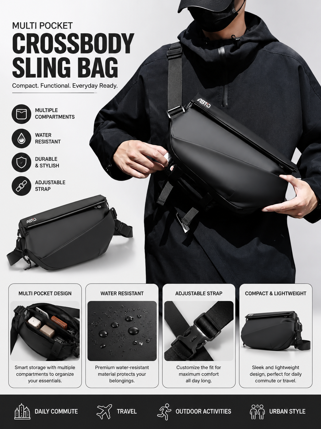 Multi Pockets Shoulder Bag – Sling Bag Crossbody Motorcycle Backpack for Men