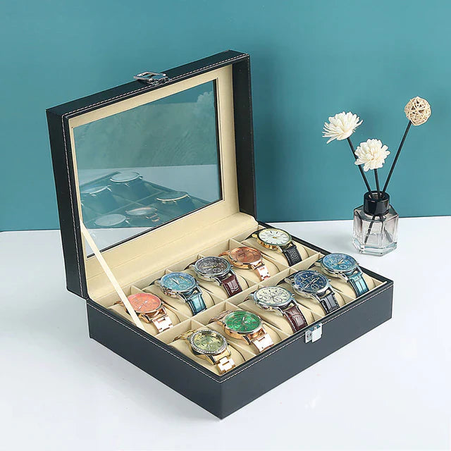 10 Grid Watch Organizer – Premium Faux Leather Box