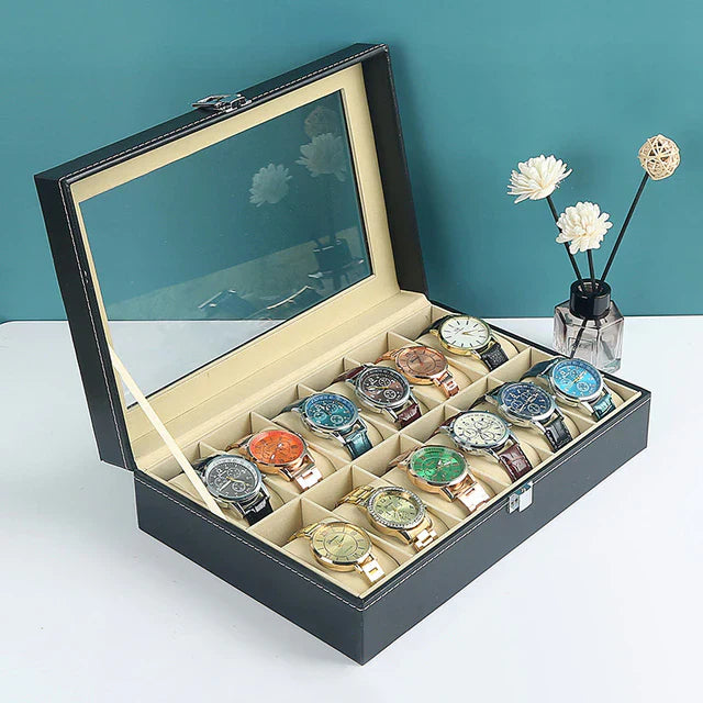 12 Grid Watch Organizer – Rectangular Faux Leather Box