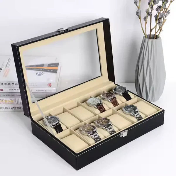 12 Grid Watch Organizer – Rectangular Faux Leather Box - Image 2
