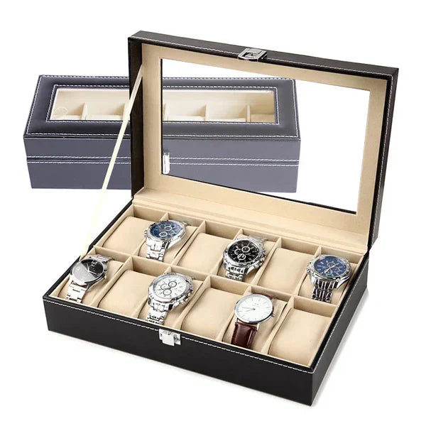 12 Grid Watch Organizer – Rectangular Faux Leather Box - Image 3
