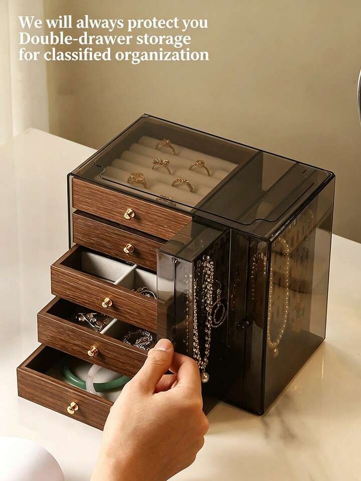 Premium 5-Drawer Wooden Jewelry Organizer with Side Necklace Cabinet – Image 2