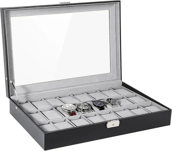 24 Grid Watch Organizer – Large Capacity Faux Leather Box - Image 2
