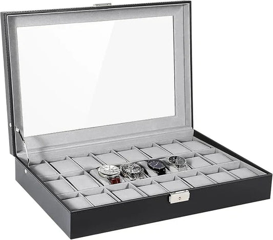 24 Grid Watch Organizer – Large Capacity Faux Leather Box - Image 2