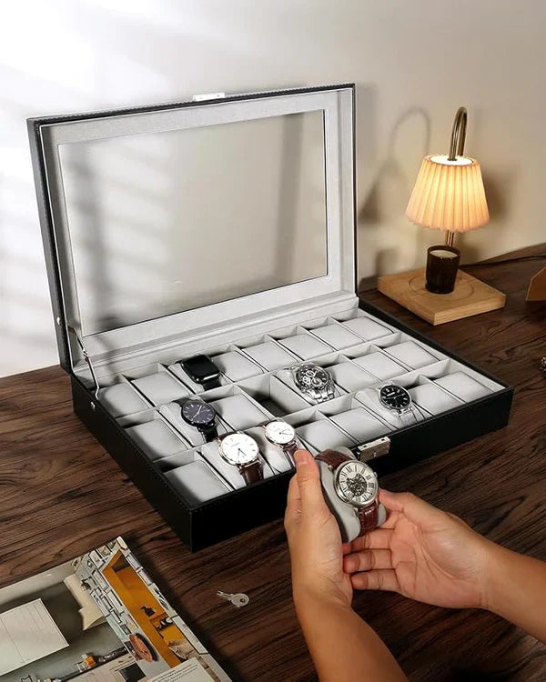 24 Grid Watch Organizer – Large Capacity Faux Leather Box - Image 4
