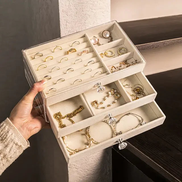 Shenish™ Luxe Vanity Box – 3-Layer Velvet Jewellery Organizer | Rings, Chains & Earrings
