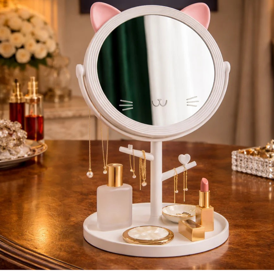 Adorable Cat-Shaped 360° Rotating Tabletop Makeup Mirror & Jewelry Stand