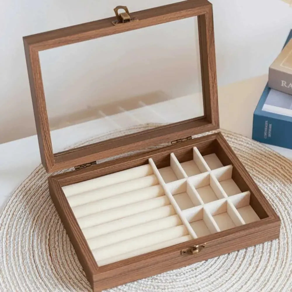 Premium Wooden Jewelry Display Box – Glass Lid, Velvet Ring Rolls & 9-Grid Storage – Image 3