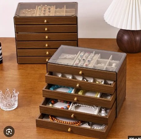 Premium 5-Tier Wooden Jewelry Organizer Box – Transparent Lid & Velvet Drawers
