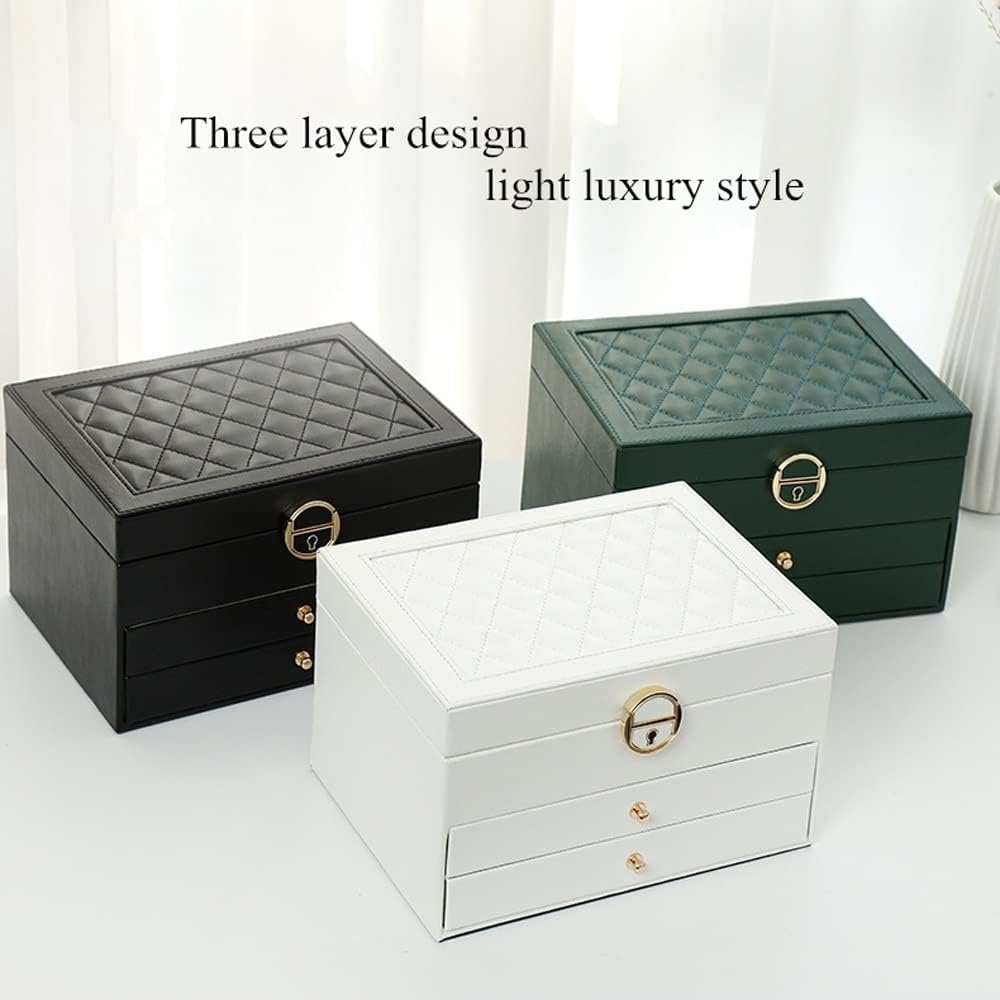 Luxury 3-Layer PU Leather Jewelry Organizer Box with Lock & Drawers (Black)