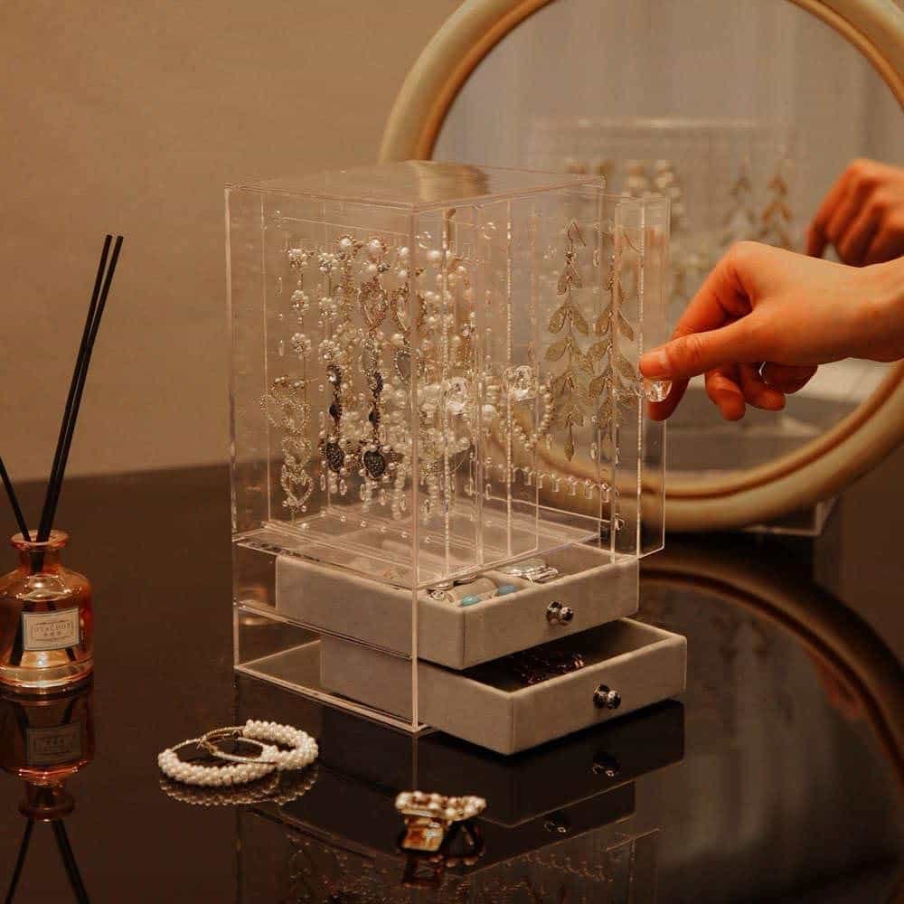 Velvet Acrylic Earring Holder & Jewelry Organizer – 3 Slide-Out Panels & 2 Drawers – Image 5
