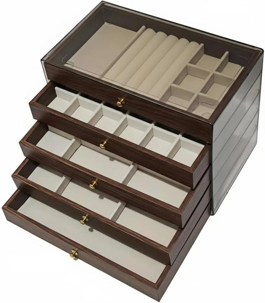 Premium 5-Tier Wooden Jewelry Organizer Box – Transparent Lid & Velvet Drawers – Image 5