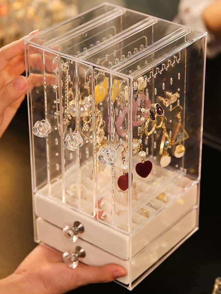 Velvet Acrylic Earring Holder & Jewelry Organizer – 3 Slide-Out Panels & 2 Drawers – Image 4
