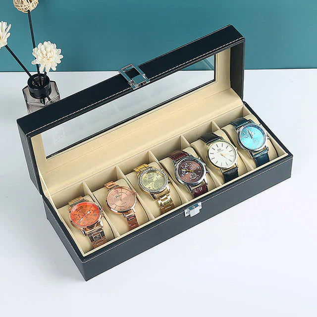 6 Grid Watch Organizer – Rectangular Faux Leather Box