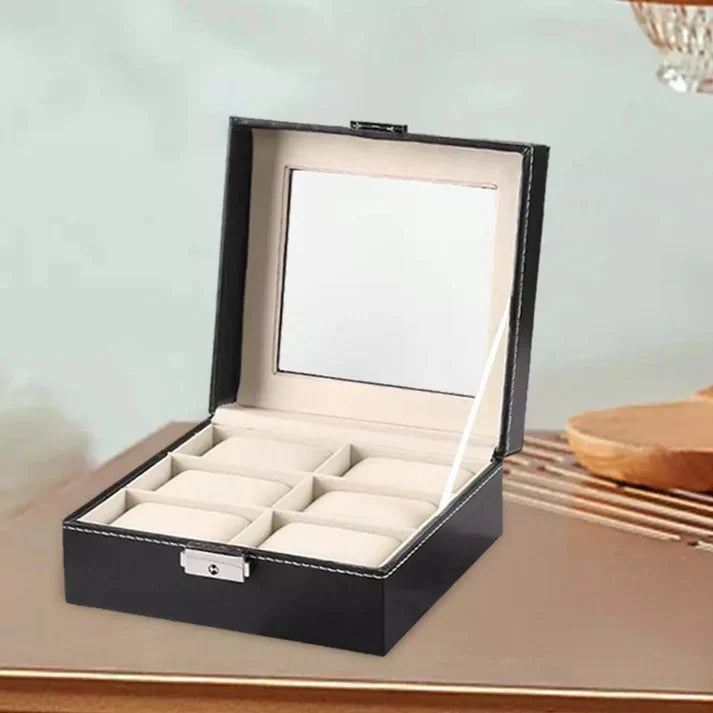 6 Grid Watch Organizer – Square Faux Leather Box