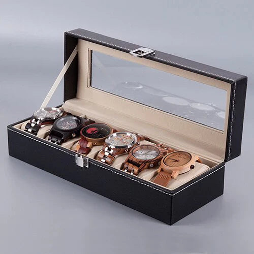 6 Grid Watch Organizer – Rectangular Faux Leather Box - Image 4