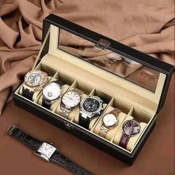 6 Grid Watch Organizer – Rectangular Faux Leather Box - Image 3