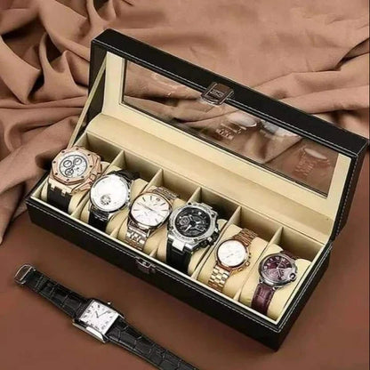 6 Grid Watch Organizer – Rectangular Faux Leather Box - Image 3