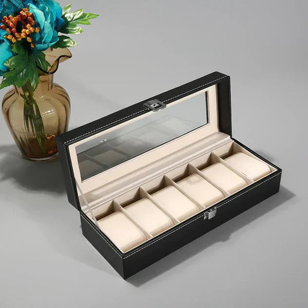 6 Grid Watch Organizer – Rectangular Faux Leather Box - Image 10