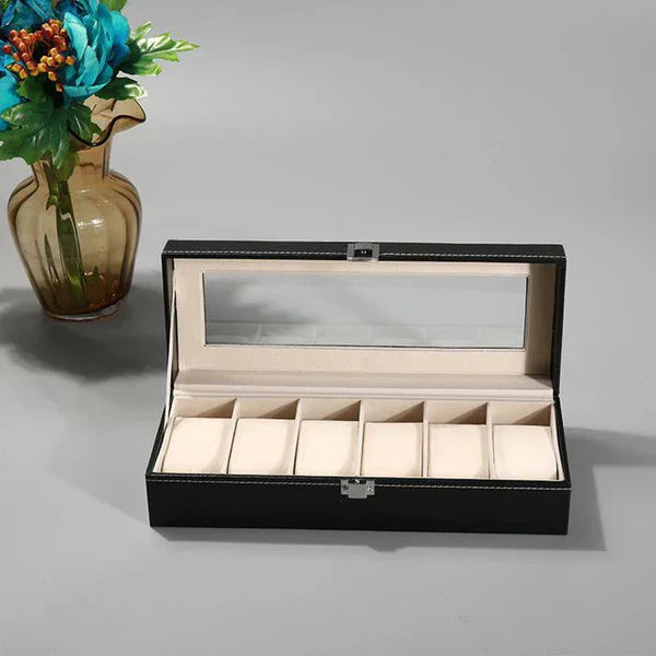 6 Grid Watch Organizer – Rectangular Faux Leather Box - Image 7