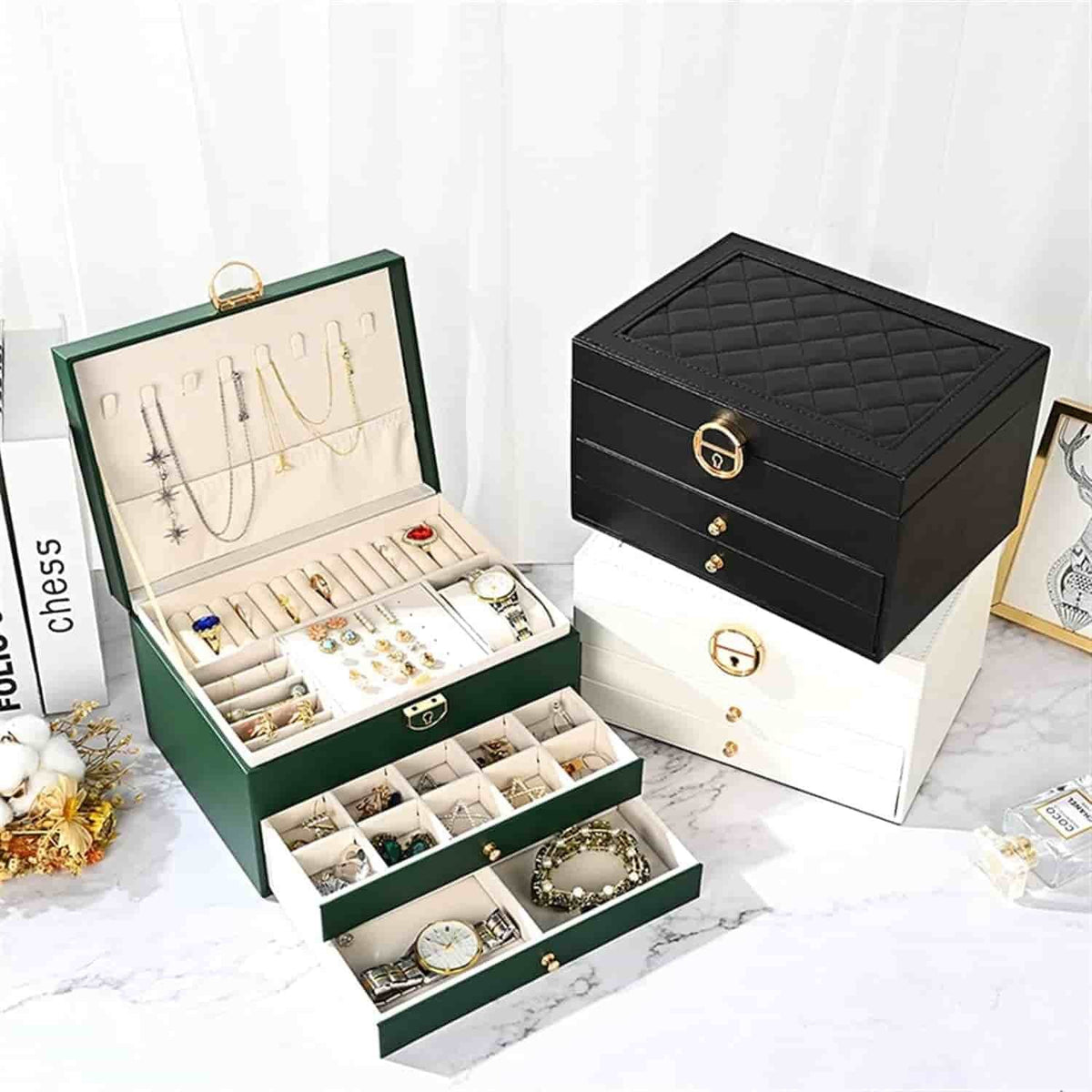 Luxury 3-Layer PU Leather Jewelry Organizer Box with Lock & Drawers (Black) – Image 2