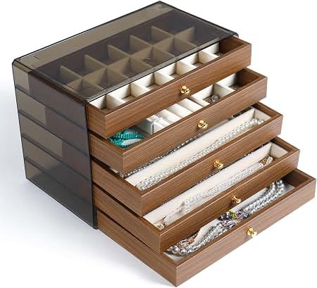 Premium 5-Tier Wooden Jewelry Organizer Box – Transparent Lid & Velvet Drawers – Image 4