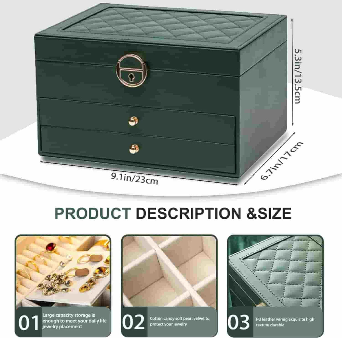 Luxury 3-Layer PU Leather Jewelry Organizer Box with Lock & Drawers (Black) – Image 8