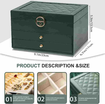 Luxury 3-Layer PU Leather Jewelry Organizer Box with Lock & Drawers (Black) – Image 8