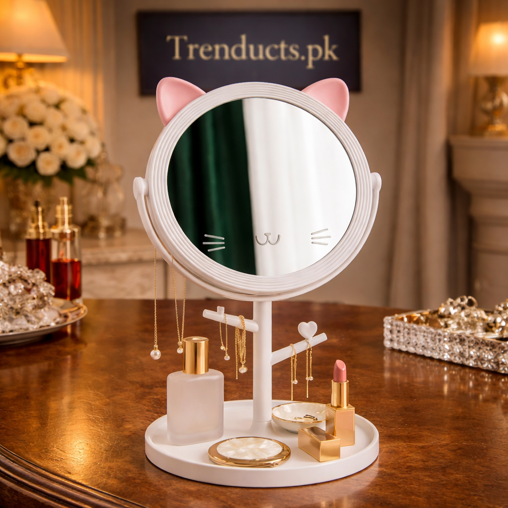 Adorable Cat-Shaped 360° Rotating Tabletop Makeup Mirror & Jewelry Stand