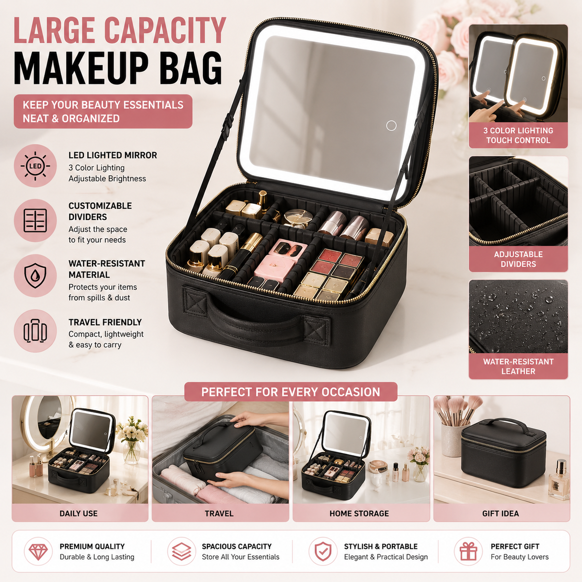 Large Capacity LED Makeup Bag with Mirror – Portable Cosmetic Organizer Case