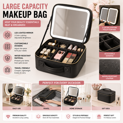 Large Capacity LED Makeup Bag with Mirror – Portable Cosmetic Organizer Case