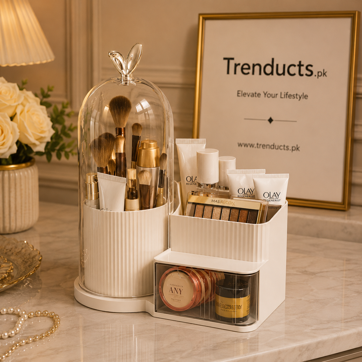 2-in-1 Rotating Dome Brush Station & Cosmetic Organizer