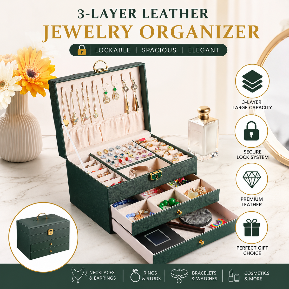 3 Layer PU Leather Jewelry Storage Organizer Box with Lock