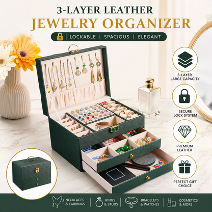 3 Layer PU Leather Jewelry Storage Organizer Box with Lock