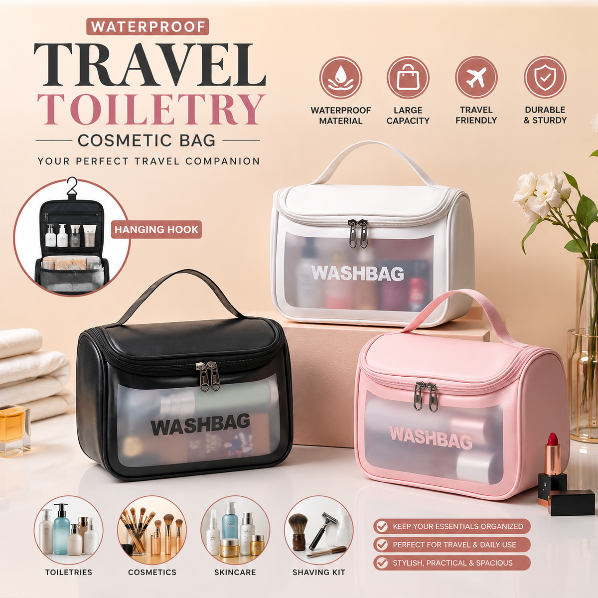 Waterproof Travel Toiletry & Cosmetic Organizer Bag