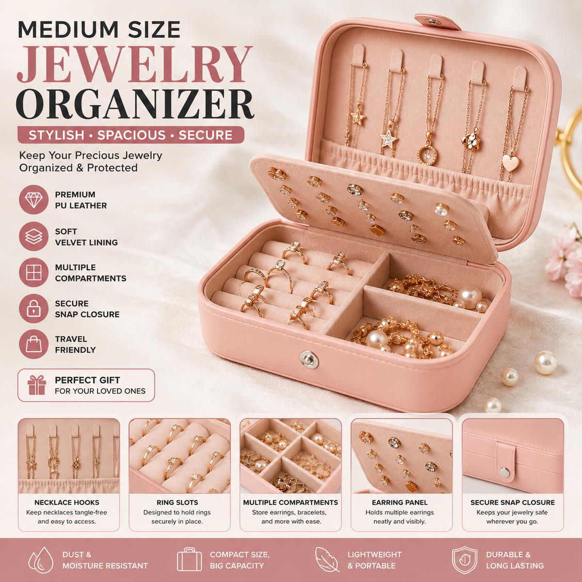 Medium-Sized Leather Jewelry Organizer – Elegant Storage Box for Accessories