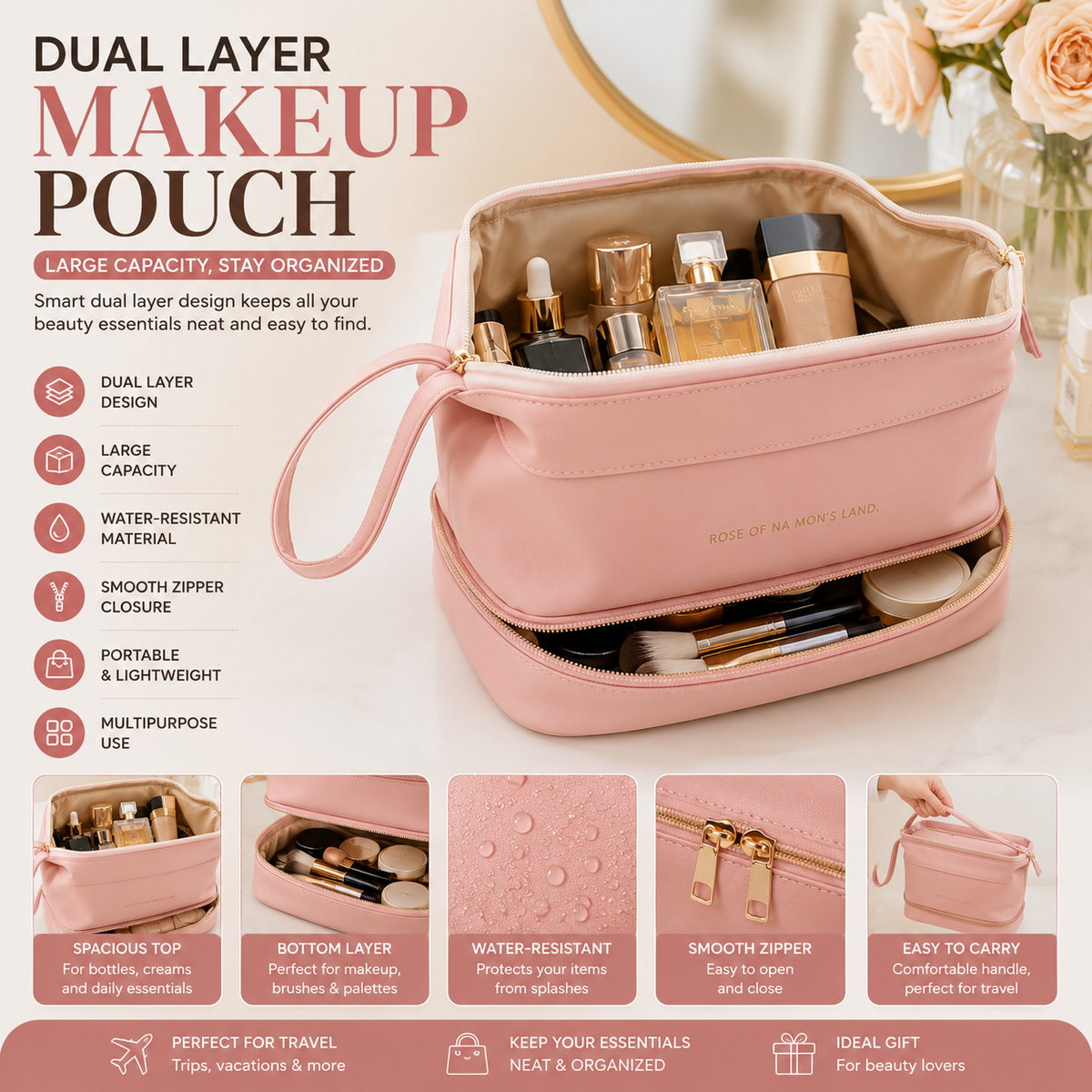Large Capacity Makeup Pouch – Dual-Layer Multifunction Cosmetic Bag with Handle