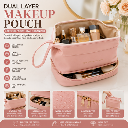 Large Capacity Makeup Pouch – Dual-Layer Multifunction Cosmetic Bag with Handle