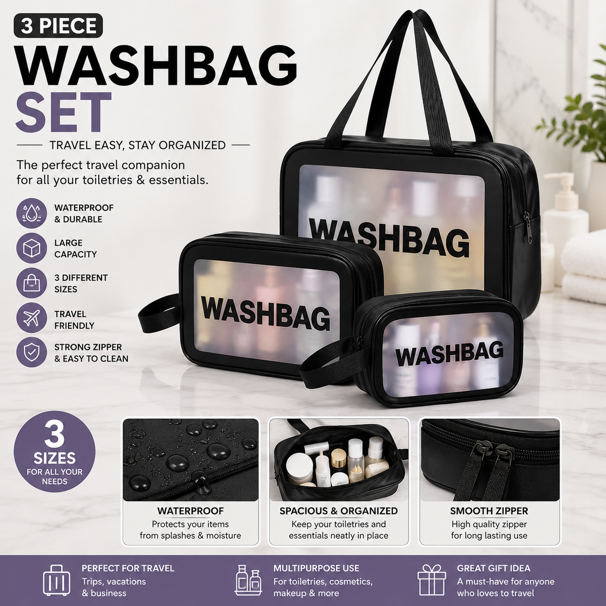 Transparent Waterproof PVC Travel Cosmetic Washbag Set – 3-Pack