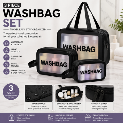 Transparent Waterproof PVC Travel Cosmetic Washbag Set – 3-Pack